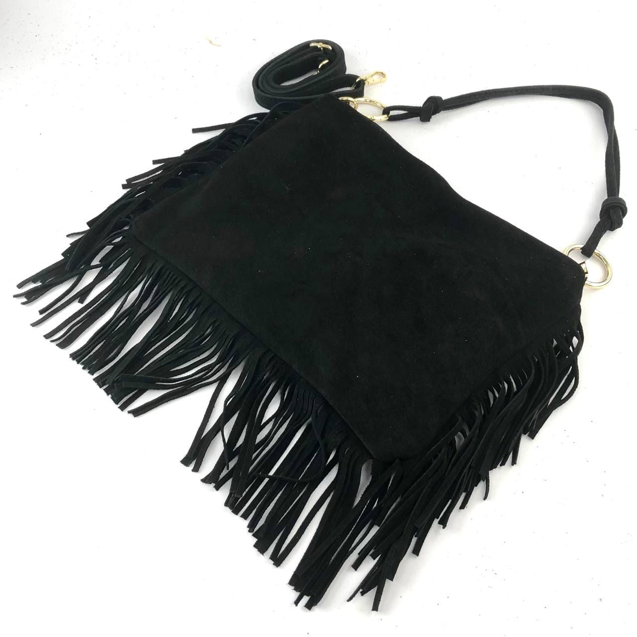 Suede fringed ring shoulder bag - black