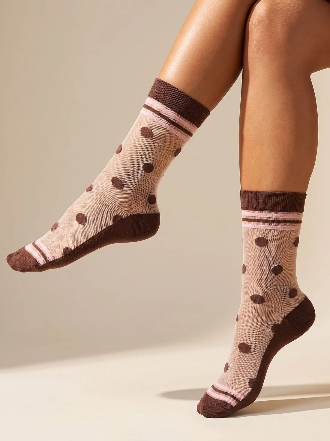 Sheer polka dot brown cotton socks