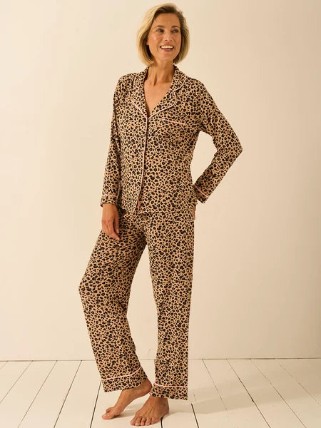 Stripe & Stare long pyjama set - peach leopard