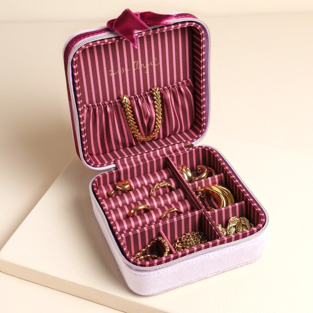 Lilac & Fuchsia velvet bow square travel jewellery case