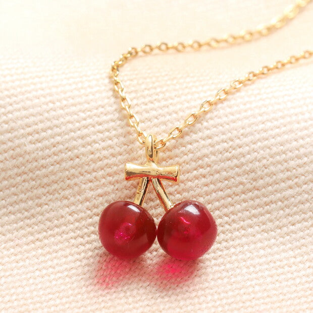 Beaded cherry pendant gold necklace