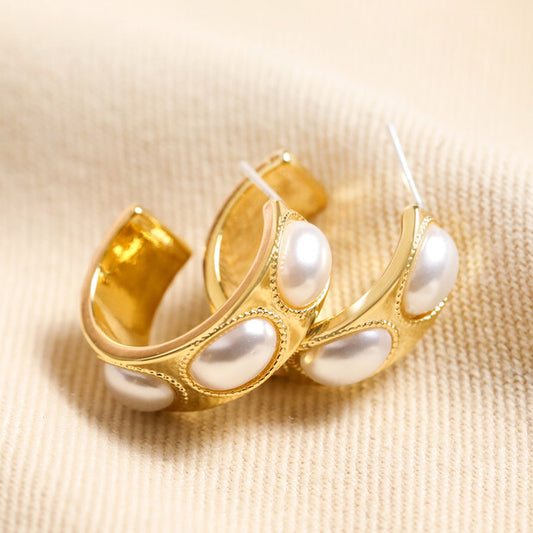 Chunky Oval pearl hoop gold earrings