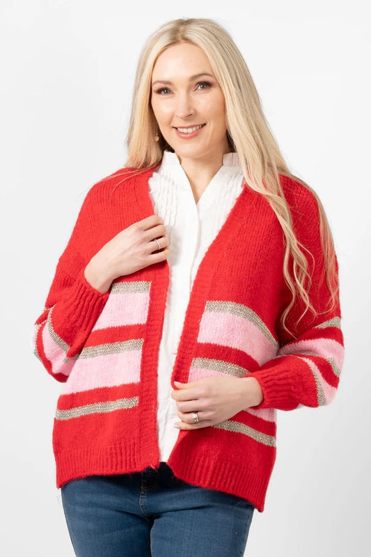 Cardigan - red with pink & silver stripes