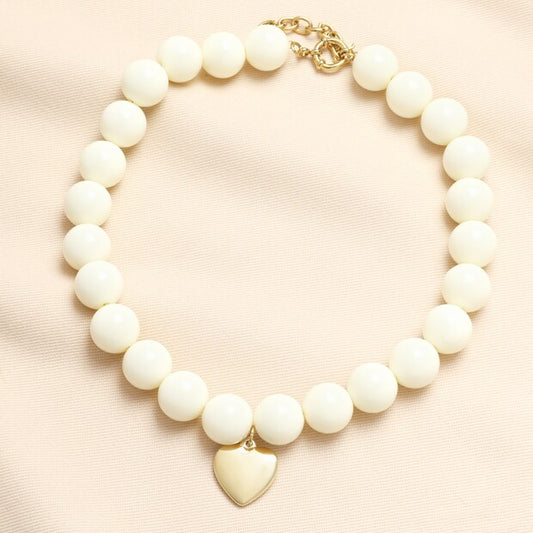 Cream beaded heart charm pendant necklace