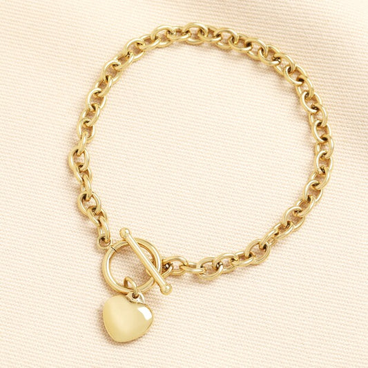 Heart charm t-bar gold bracelet