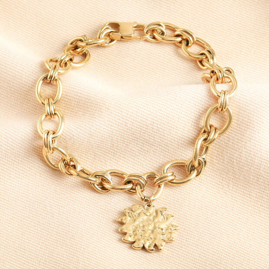 Hammered sun charm chain gold bracelet