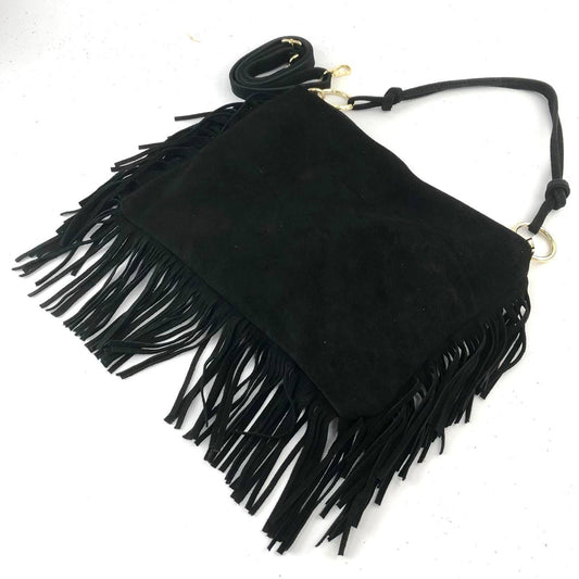 Suede fringed ring shoulder bag - black