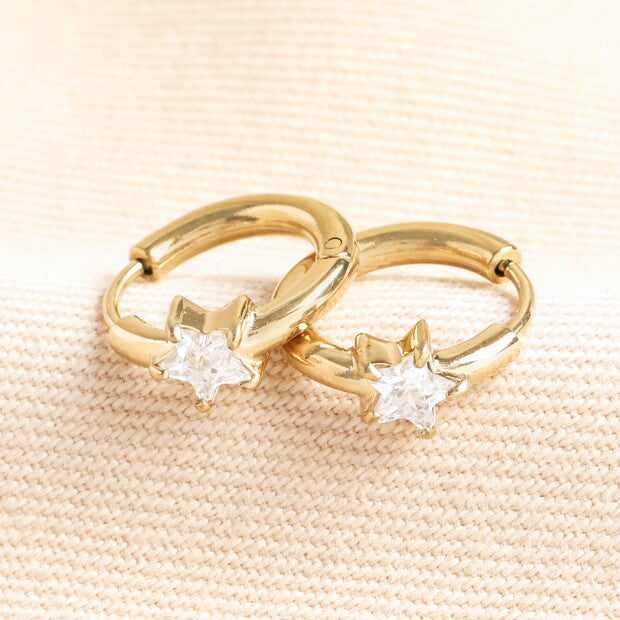 Crystal star huggie hoop gold earrings