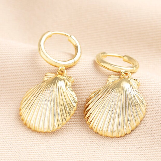 Large shell charm huggie hoop gold earrings