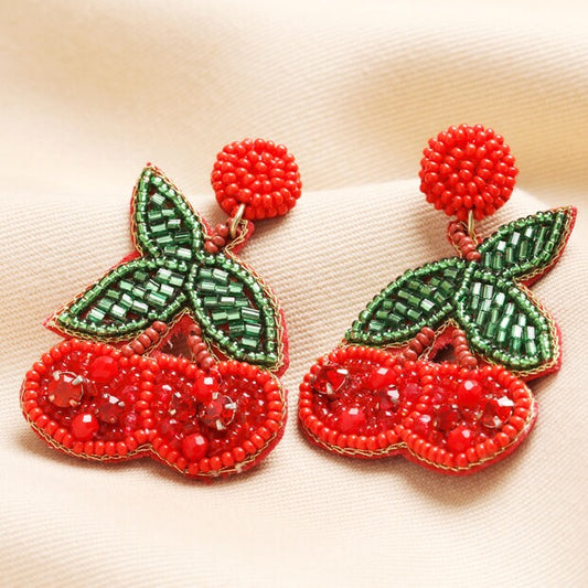 Beaded red cherry drop earrings