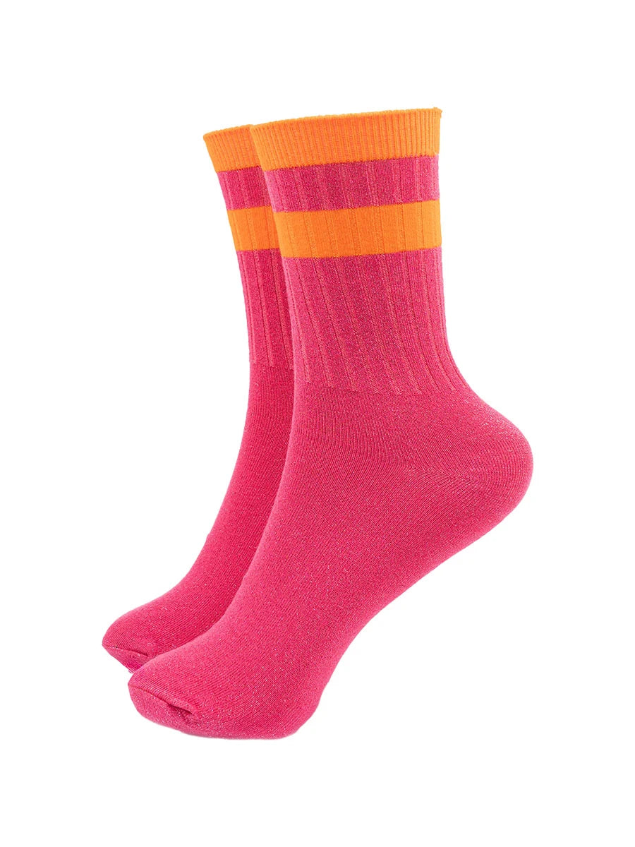 Striped cuff cotton glitter socks in hot pink/orange