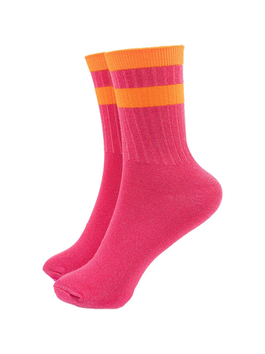 Striped cuff cotton glitter socks in hot pink/orange