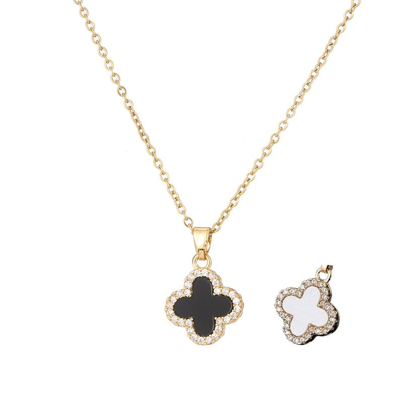Black / Pearl clover diamanté necklace