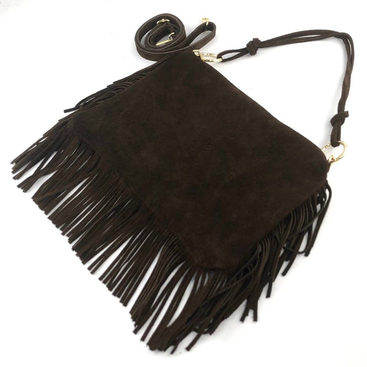 Suede fringed ring shoulder bag - chocolate brown