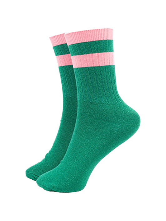 Striped cuff cotton glitter socks in green/pink