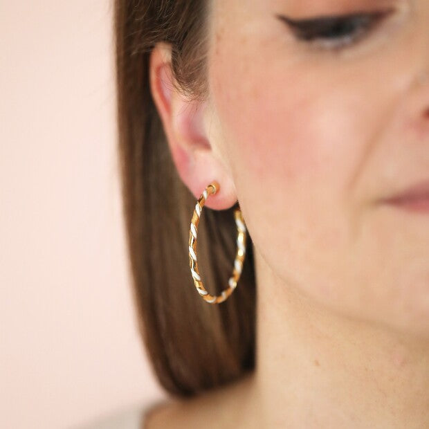 White enamel twisted hoop gold earrings