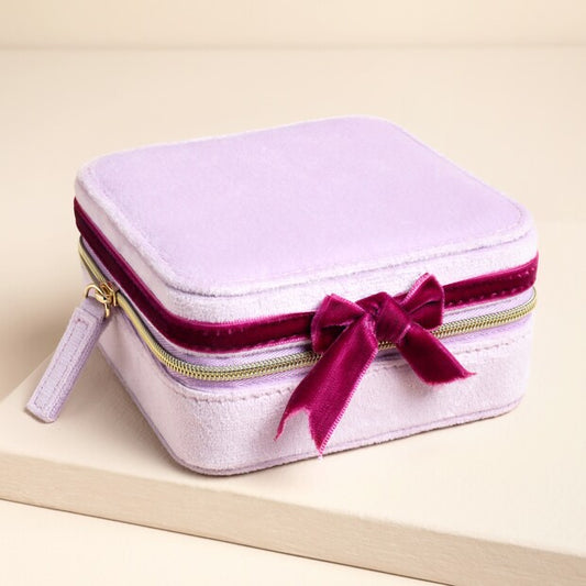 Lilac & Fuchsia velvet bow square travel jewellery case
