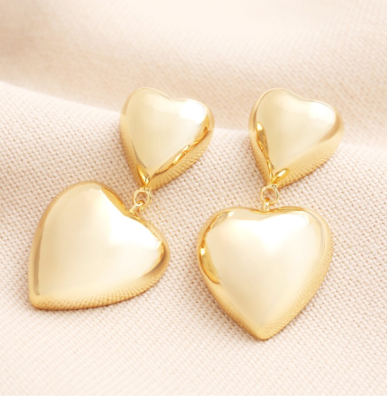 Chunky double heart drop gold earrings