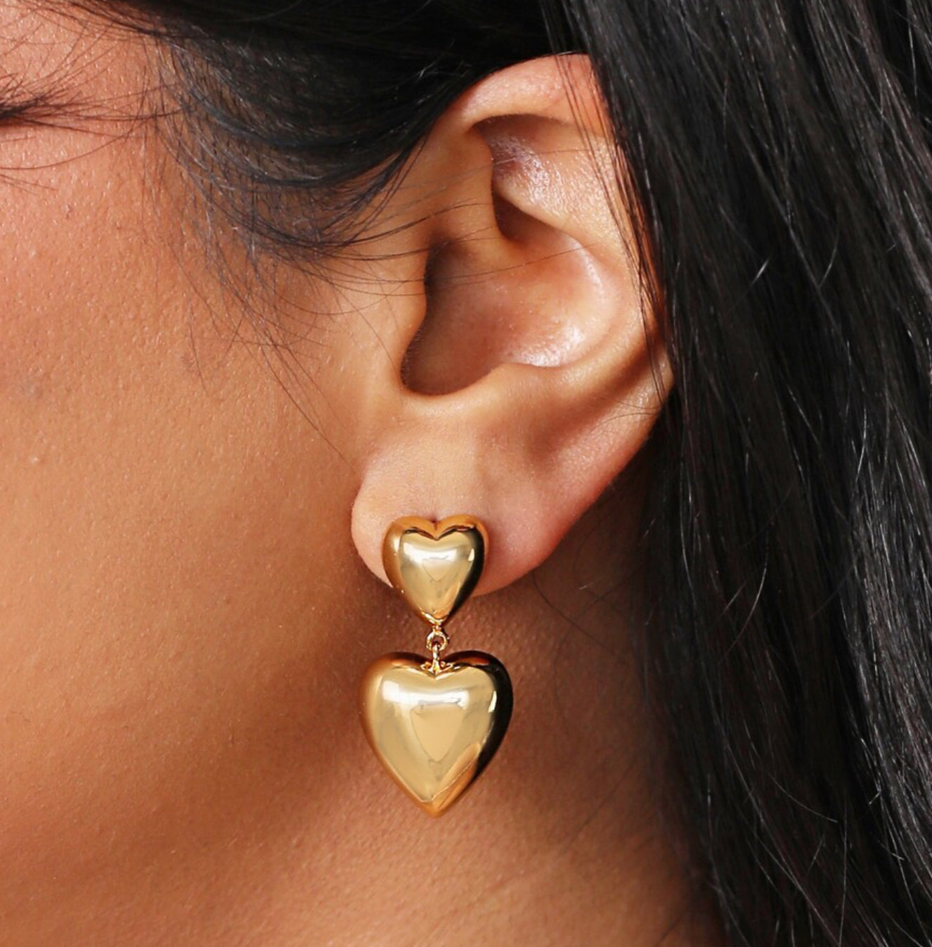 Chunky double heart drop gold earrings