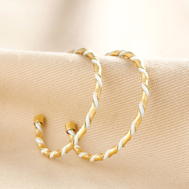 White enamel twisted hoop gold earrings