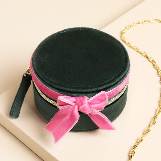 Green & Pink velvet bow mini jewellery case