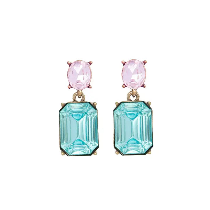 Oval twin gem earrings in sky blue & baby pink