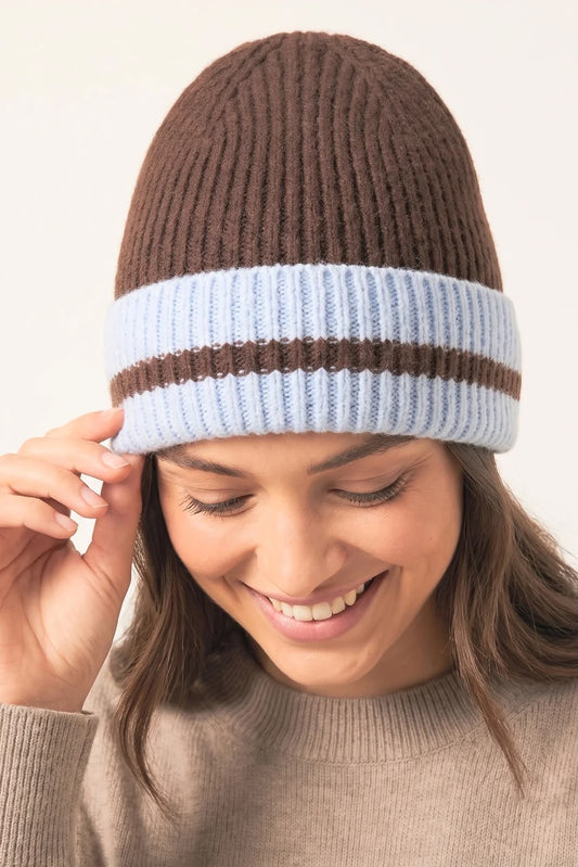 Striped beanie - brown & blue