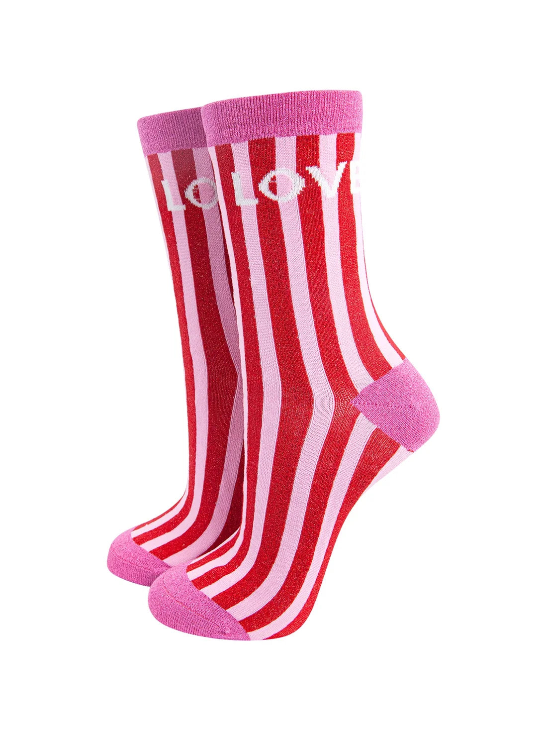Love stripes combed cotton glitter socks in pink/red