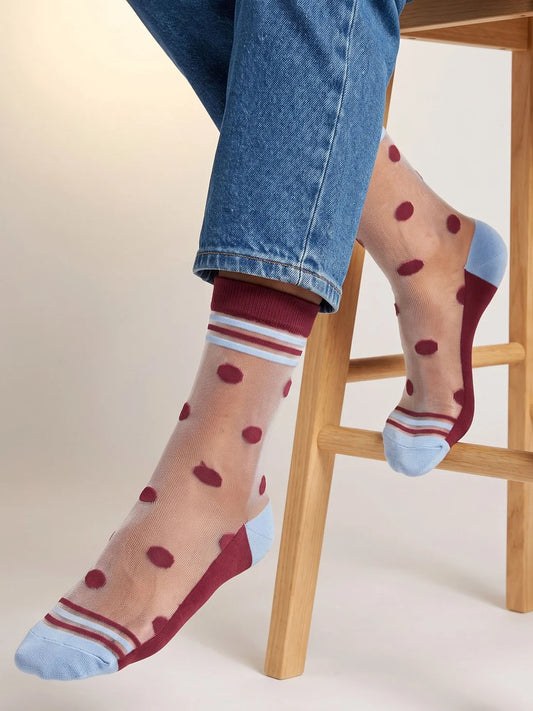 Sheer polka dot berry/ice blue cotton socks