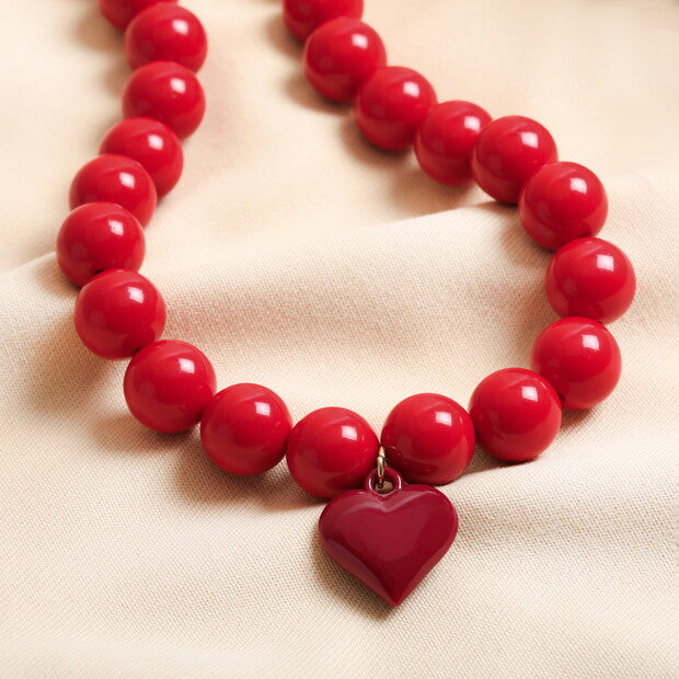Red beaded heart charm pendant necklace
