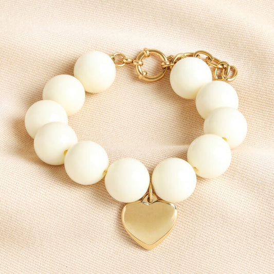 Cream chunky beaded heart charm bracelet