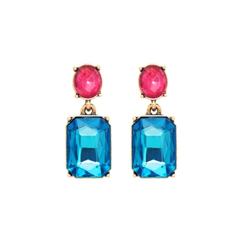 Oval twin glass gem earrings in blue & pink