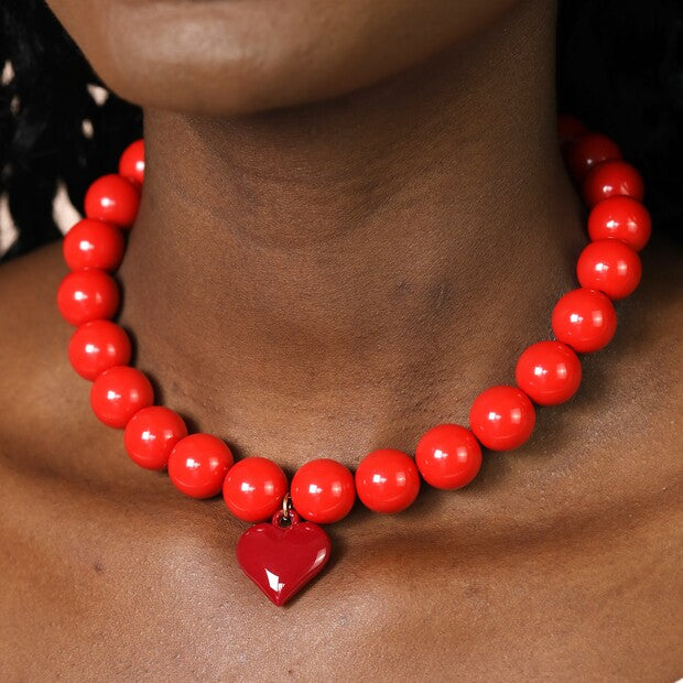 Red beaded heart charm pendant necklace
