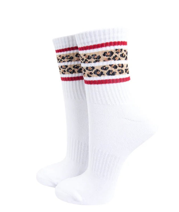 Leopard Print Striped Combed Cotton Sports Socks in White