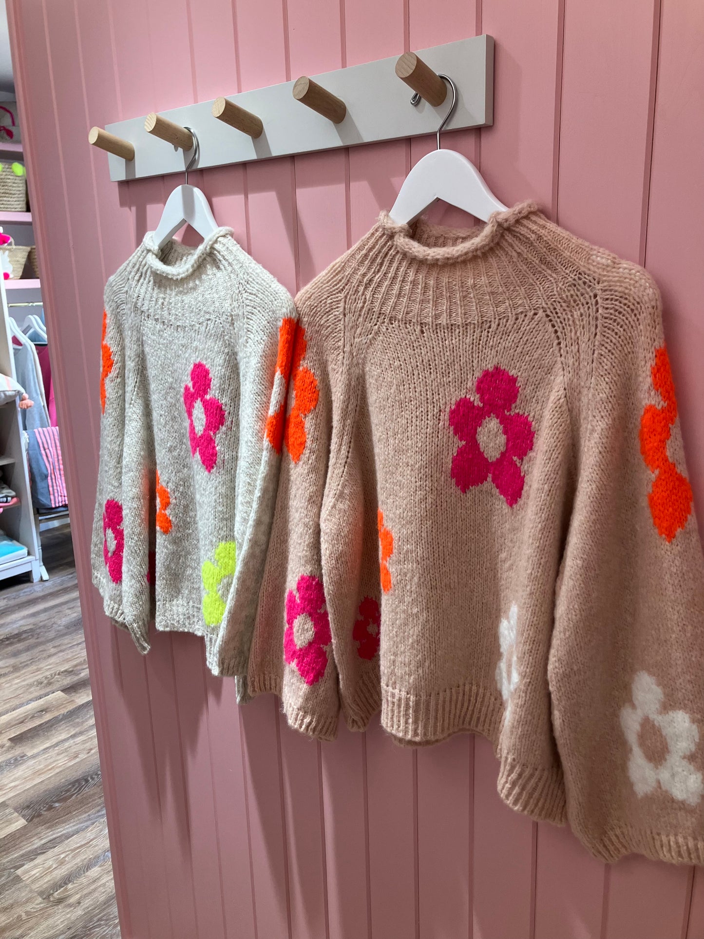 Cream & pale pink jumper with neon flowers