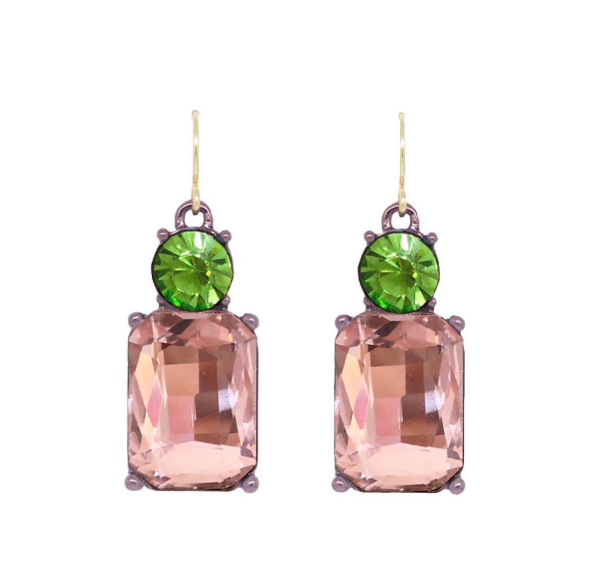 Twin gem hook earrings in pale pink & green