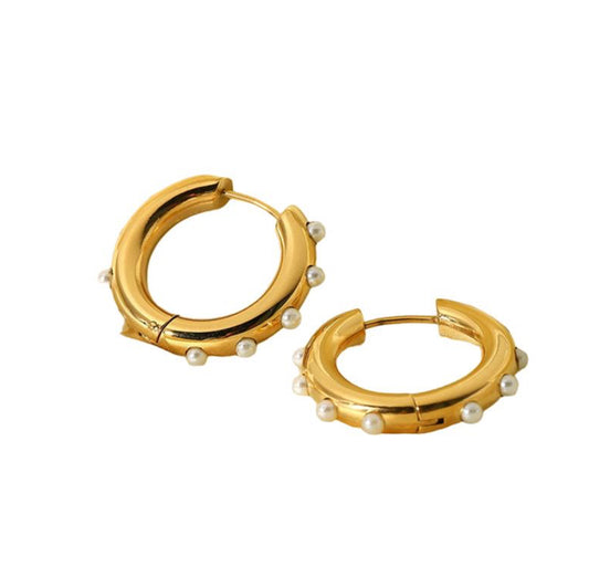 Large pearl hoop gold earrings