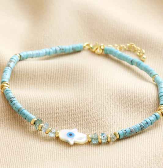 Hamsa hand teal beaded anklet in gold