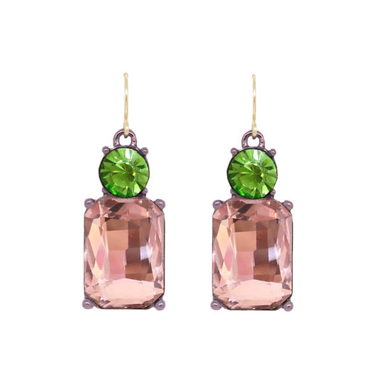 Twin gem hook earrings in pink & green