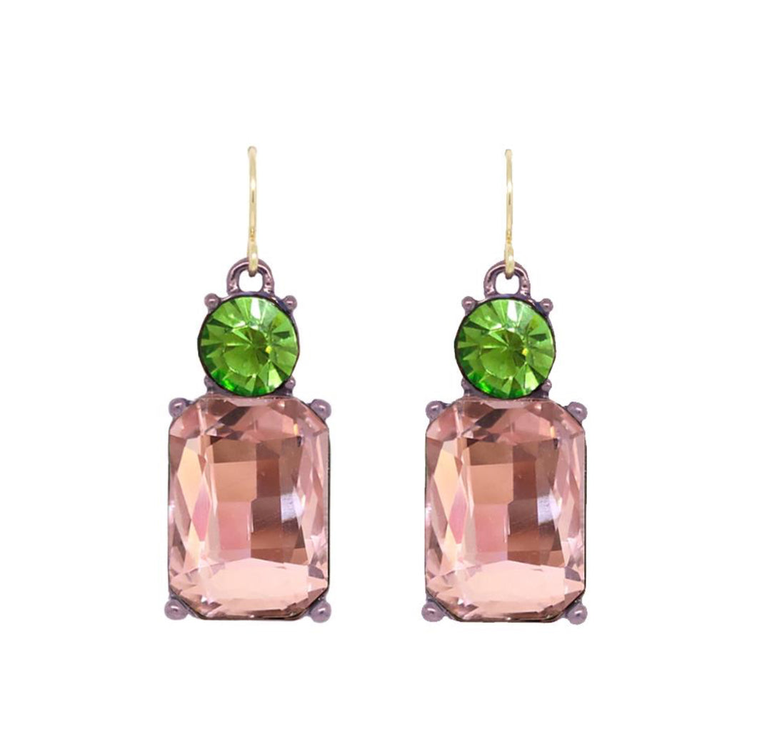 Twin gem glass earrings in pink & green