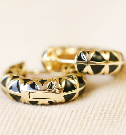 Black geometric enamel hoop earrings in gold & black