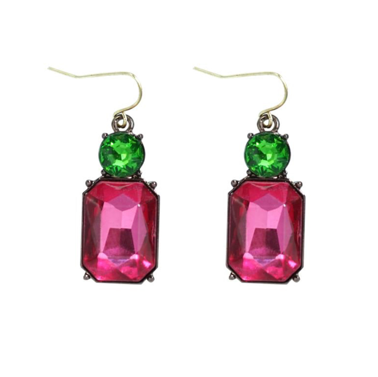 Twin gem hook earrings in hot pink & green