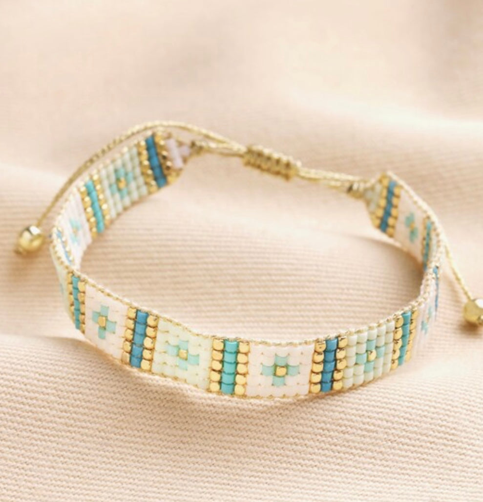 Woven beaded bracelet - blue & gold