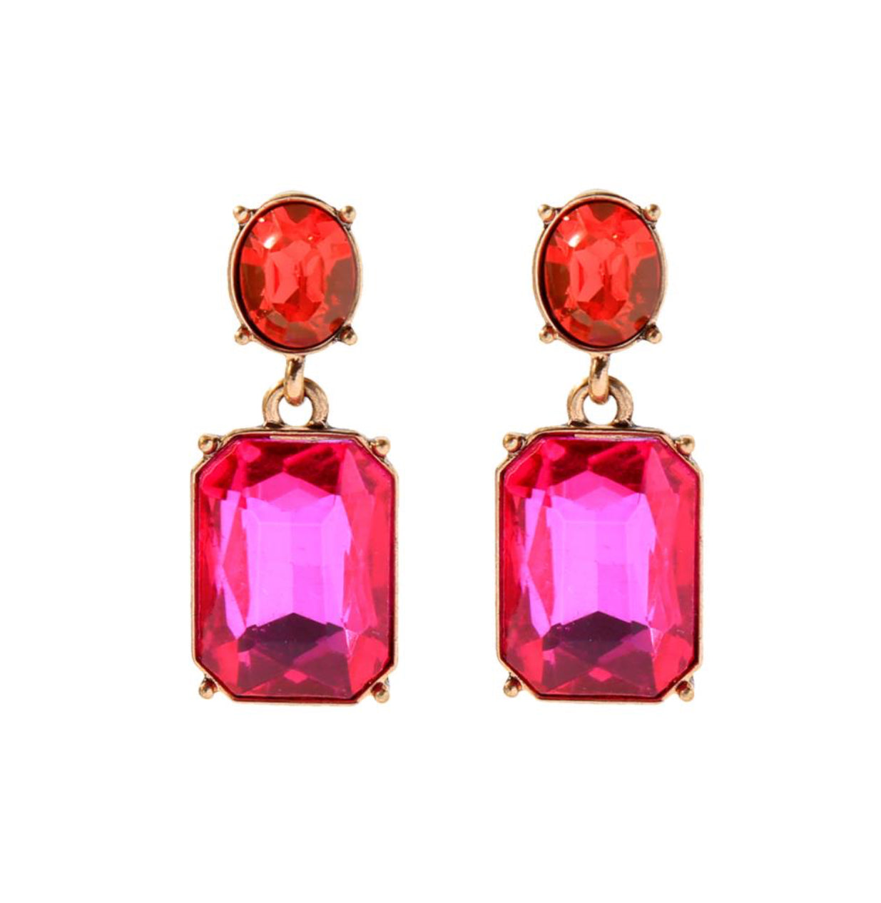 Oval twin gem glass earrings in pink & orange