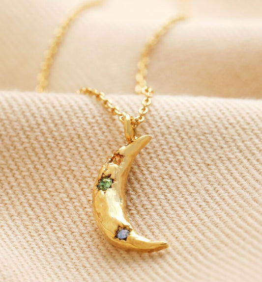 Crystal crescent moon necklace in gold with colour crystals