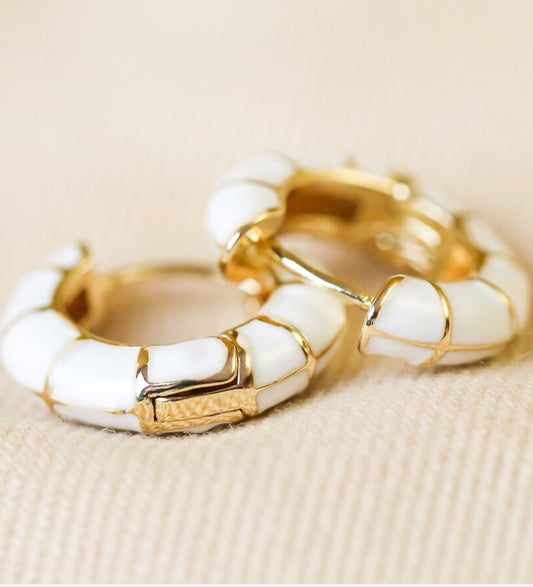 White geometric enamel hoop earrings in gold