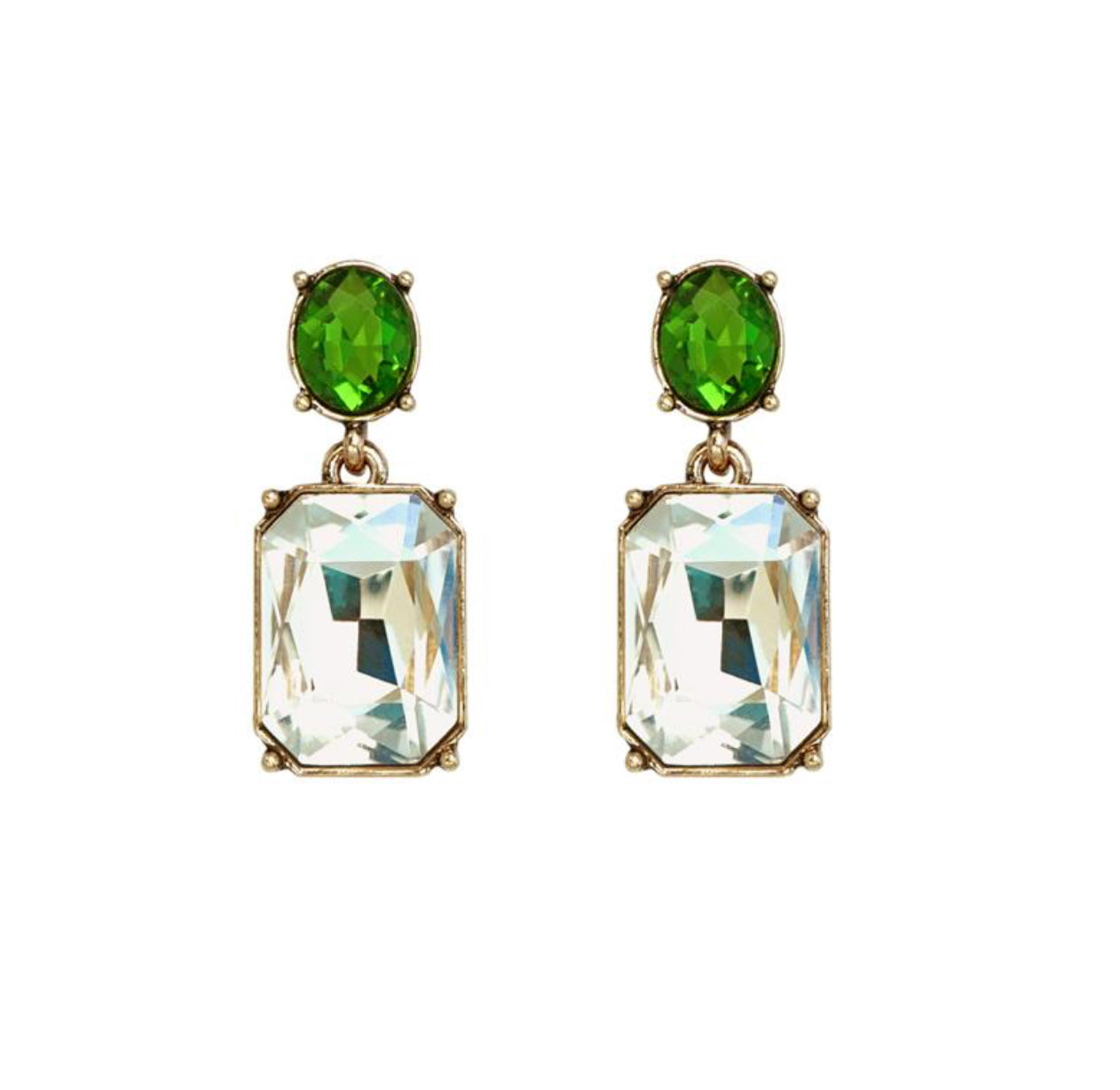 Oval twin gem glass earrings in clear & green