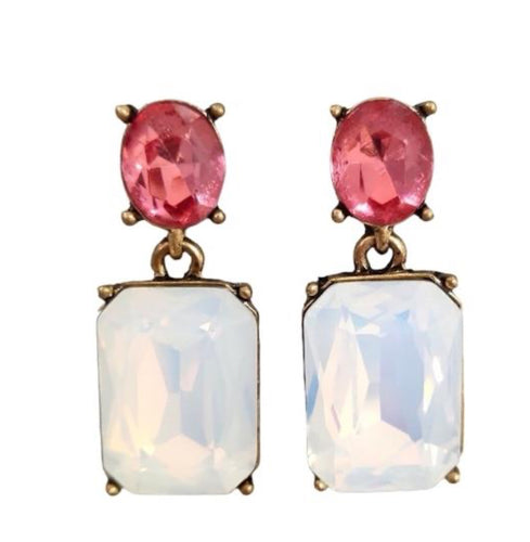 Oval twin gem glass earrings in ice white & pink