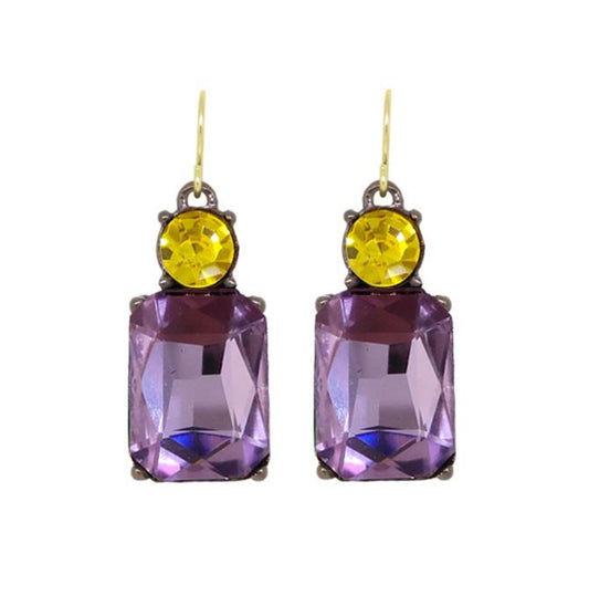 Twin gem hook earrings in violet & yellow