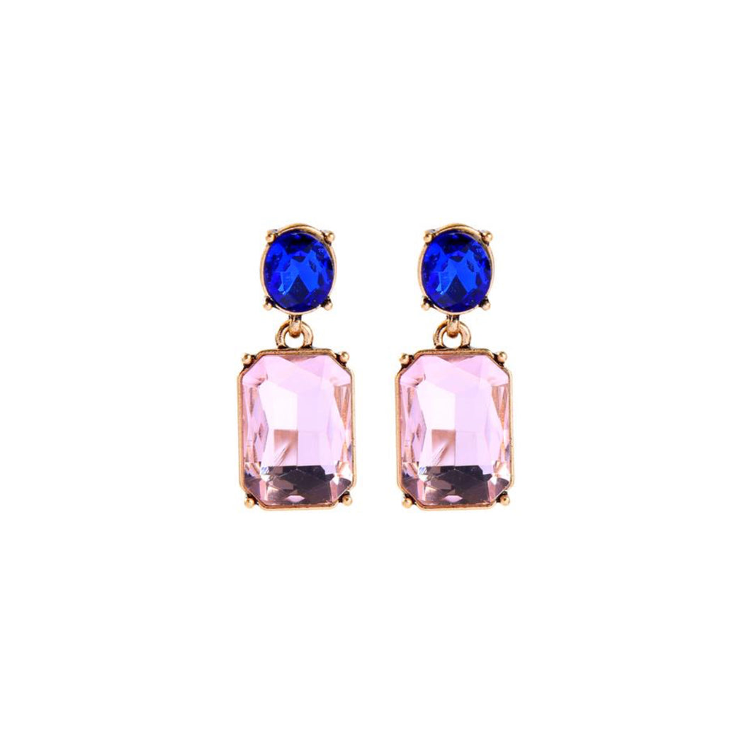 Oval twin gem glass earrings in soft pink & royal blue